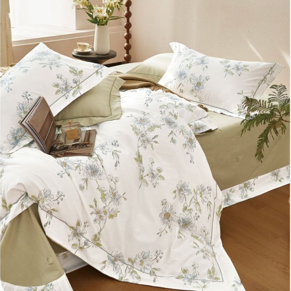 Floral Comforter Set Blue Green Cream Cottagecore Farmhouse Spring Botanical